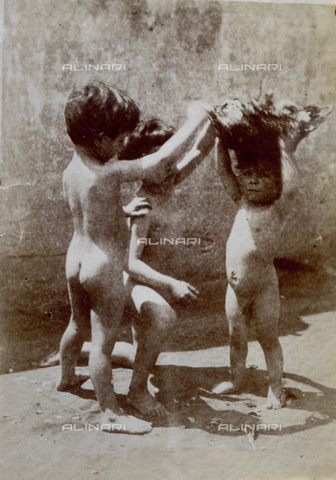 Fulllength portrait of three nude children One of them has a basket full 